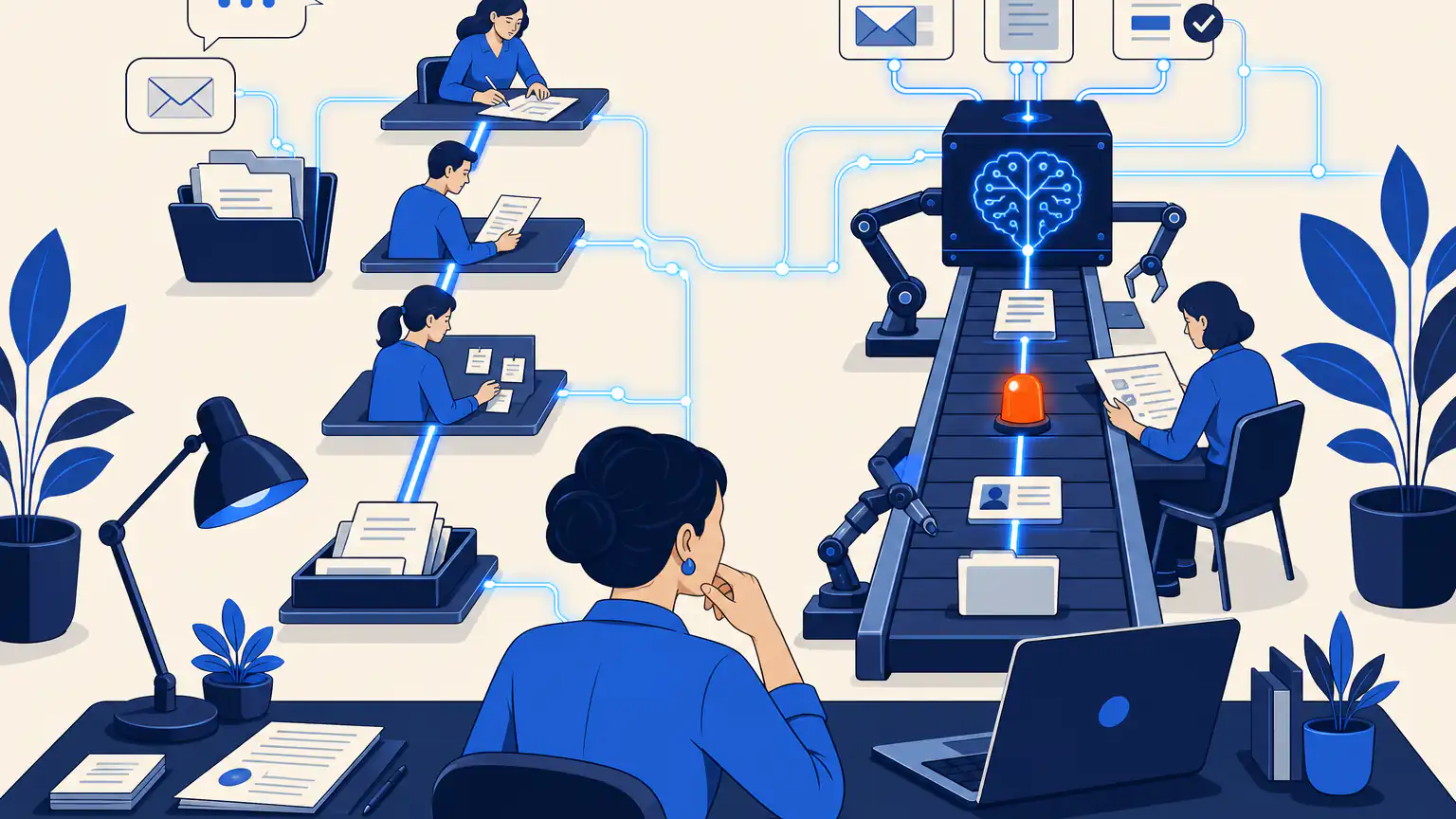 Ilustração editorial para Por que cada vez mais negócios estão testando automação com IA